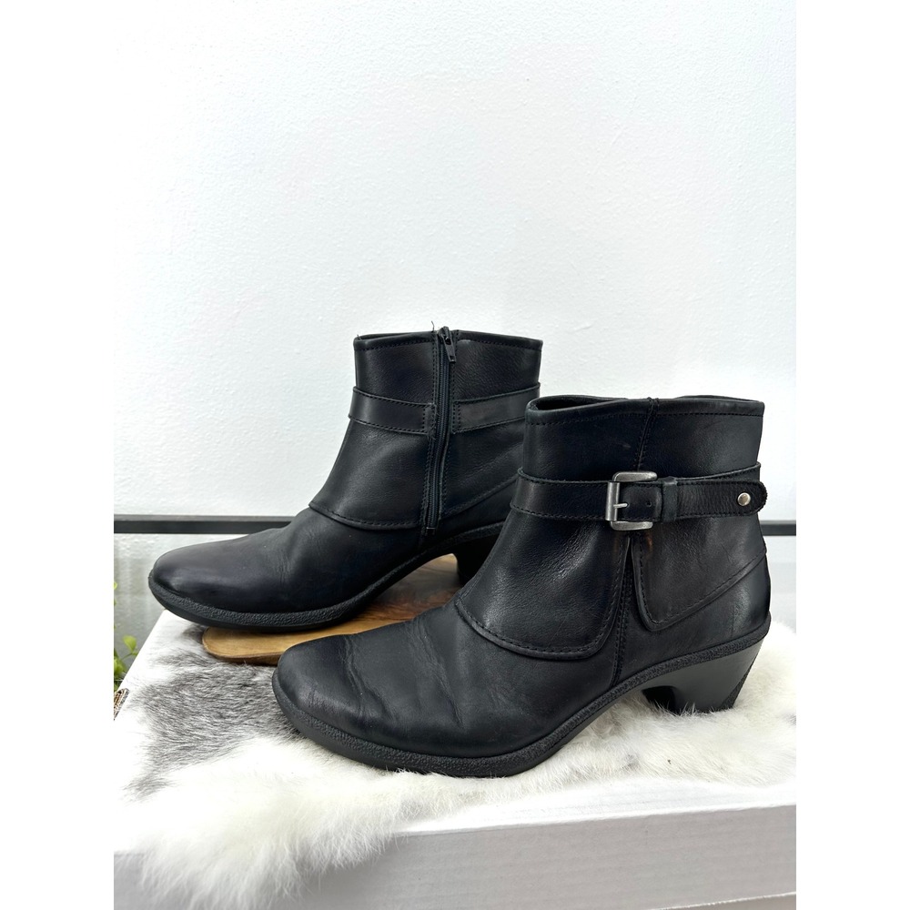 Romika‎ Black Leather Ankle Boots Women 41 Buckle Strap Zip Up Block Heel